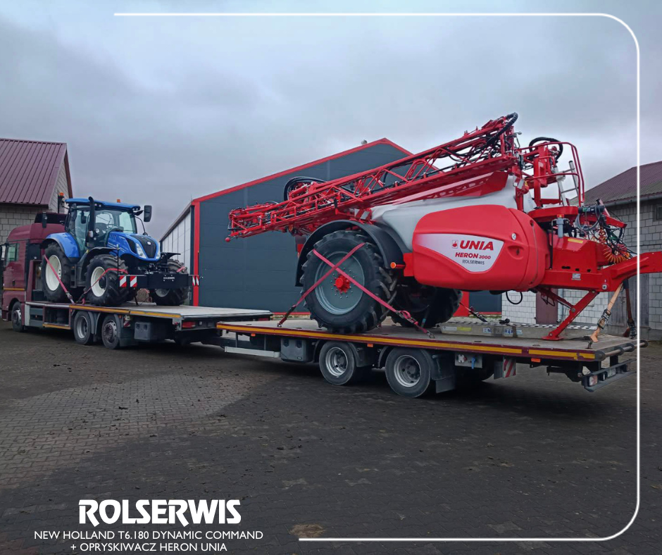 Zestaw New Holland T6.180 i opryskiwacz Unia Heron 3000 na lawecie Rolserwis